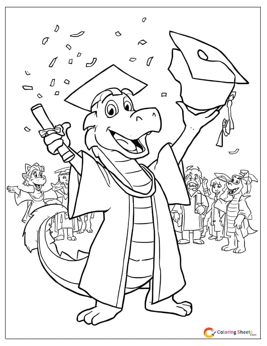 Cartoon dragon graduation coloring page in cap and gown tossing diploma with confetti and cheering dragon family in background , free printable PDF