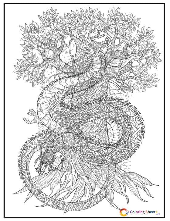 Black and white adult coloring page of a serpent dragon spiraling up a sacred world tree with Celtic knotwork patterns and detailed leaves