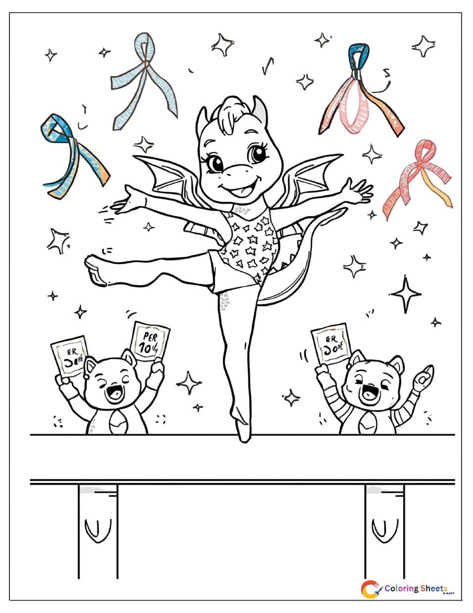 Cartoon dragon gymnast coloring page performing on a balance beam in a star leotard with animal judges holding perfect score cards , free printable PDF