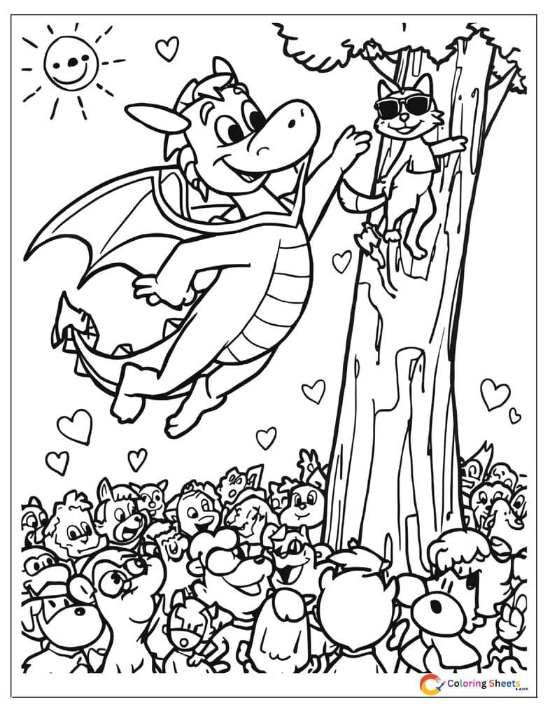 Cartoon dragon superhero coloring page rescuing a cat stuck in a tree while animal crowd cheers below , free printable PDF for kids
