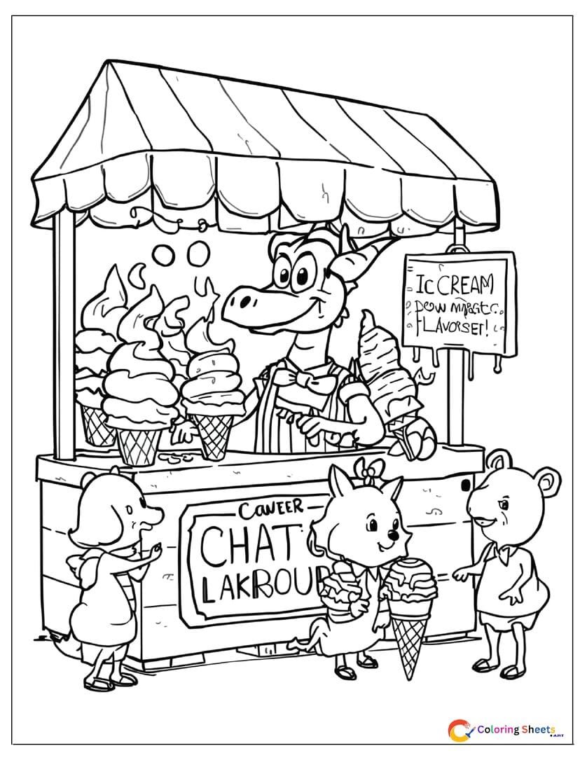 Funny cartoon dragon ice cream vendor coloring page using cold breath to make frozen treats with animal customers in line , free printable PDF for kids