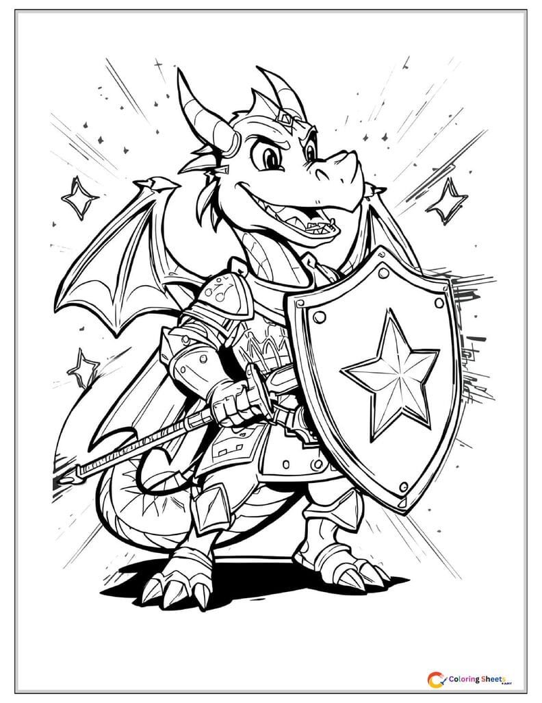 Cartoon coloring page of a dragon dressed in knight armor with a cape and sword striking a superhero pose with comic book action lines