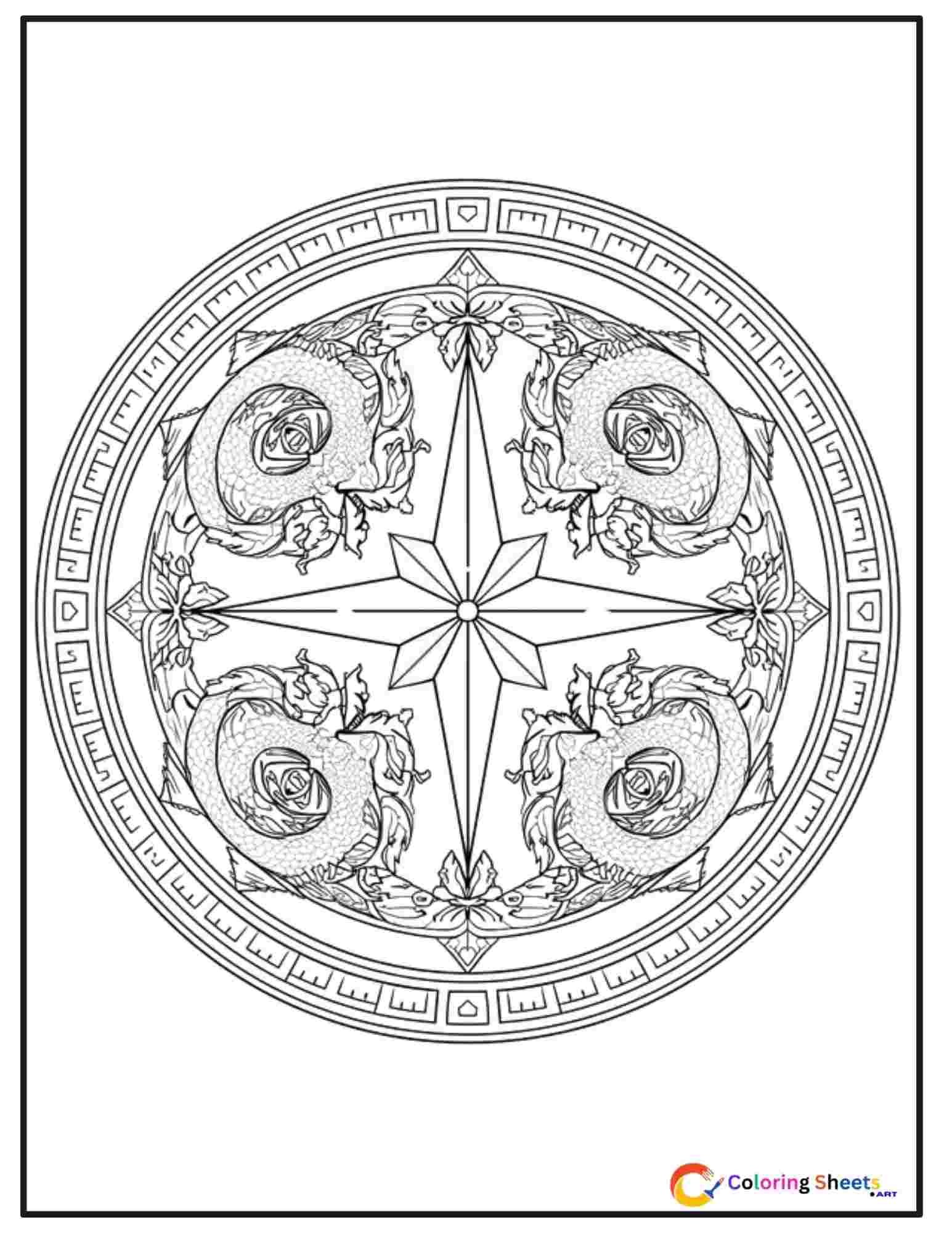 Circular dragon mandala coloring page with four symmetrical dragons arranged in a compass pattern surrounded by intricate geometric designs
