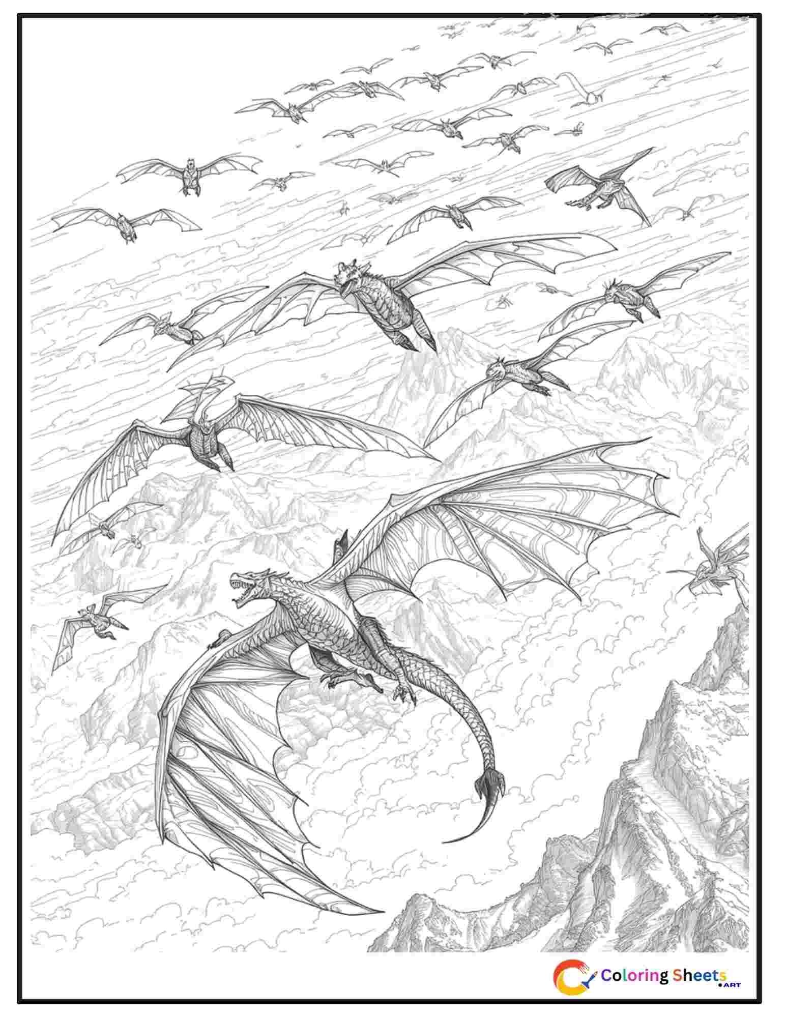 Epic adult coloring page of a flock of dragons migrating in formation over snow-capped mountains with different dragon sizes and species visible in the flight