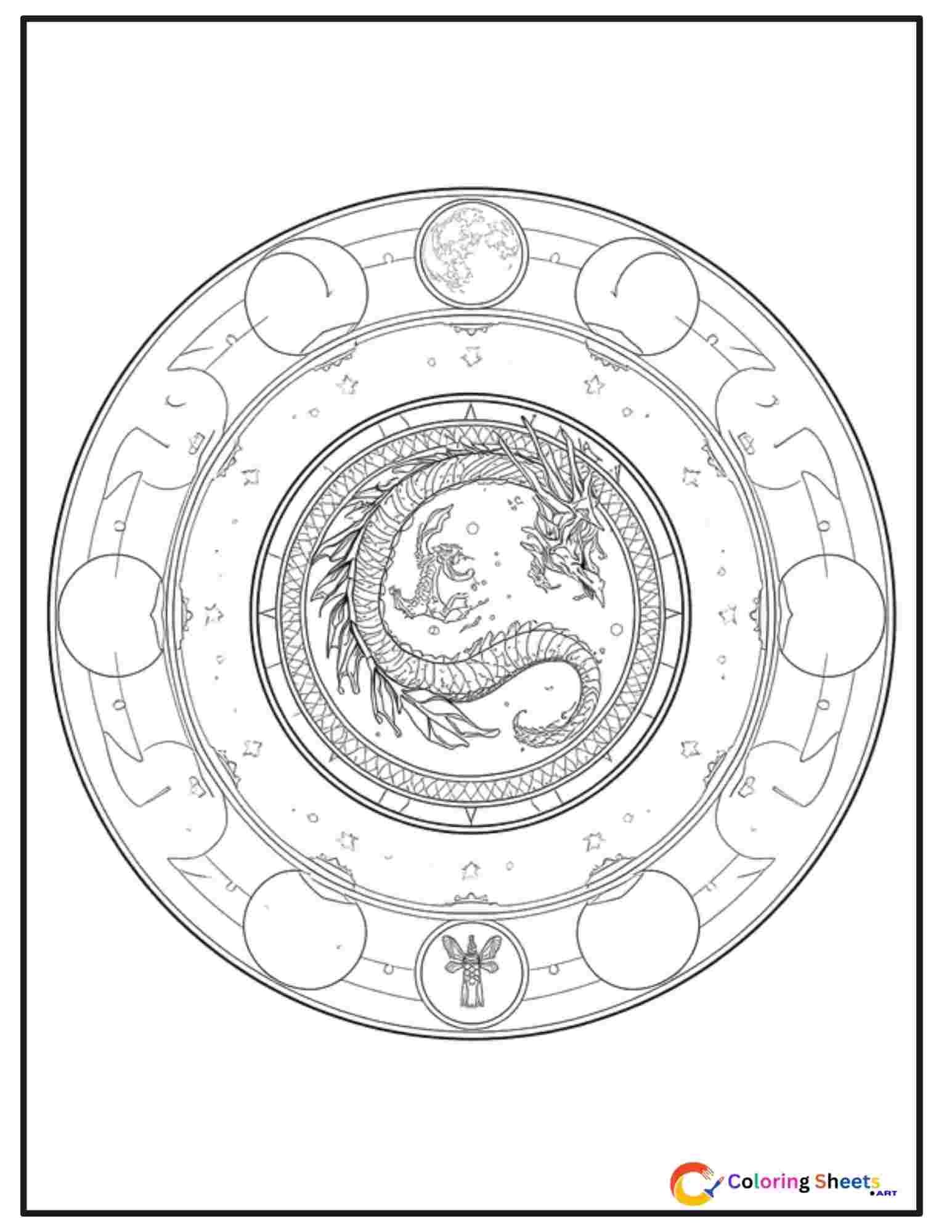 Mystical moon phase dragon mandala coloring page with dragons at each lunar phase around the outer ring and a central dragon gazing at the full moon