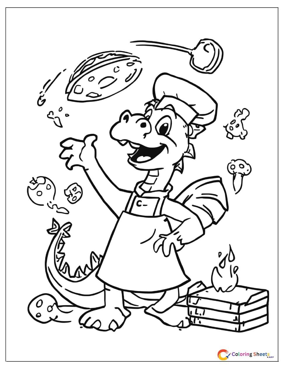 Cartoon dragon pizza chef coloring page tossing dough in the air wearing an apron with pizza ingredients floating around , free printable PDF for kids
