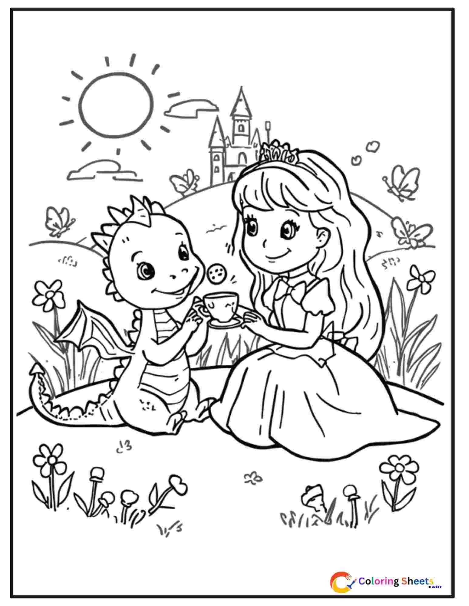Kids coloring page of a princess and small dragon having a tea party together on a hillside as best friends with a castle in the background