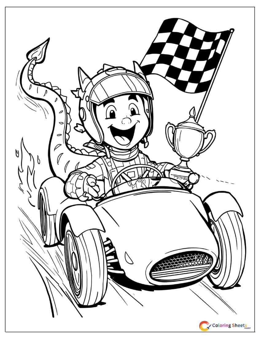 Funny cartoon dragon race car driver coloring page in a tiny car with racing helmet, tail out the back, and checkered finish line flag , free printable PDF