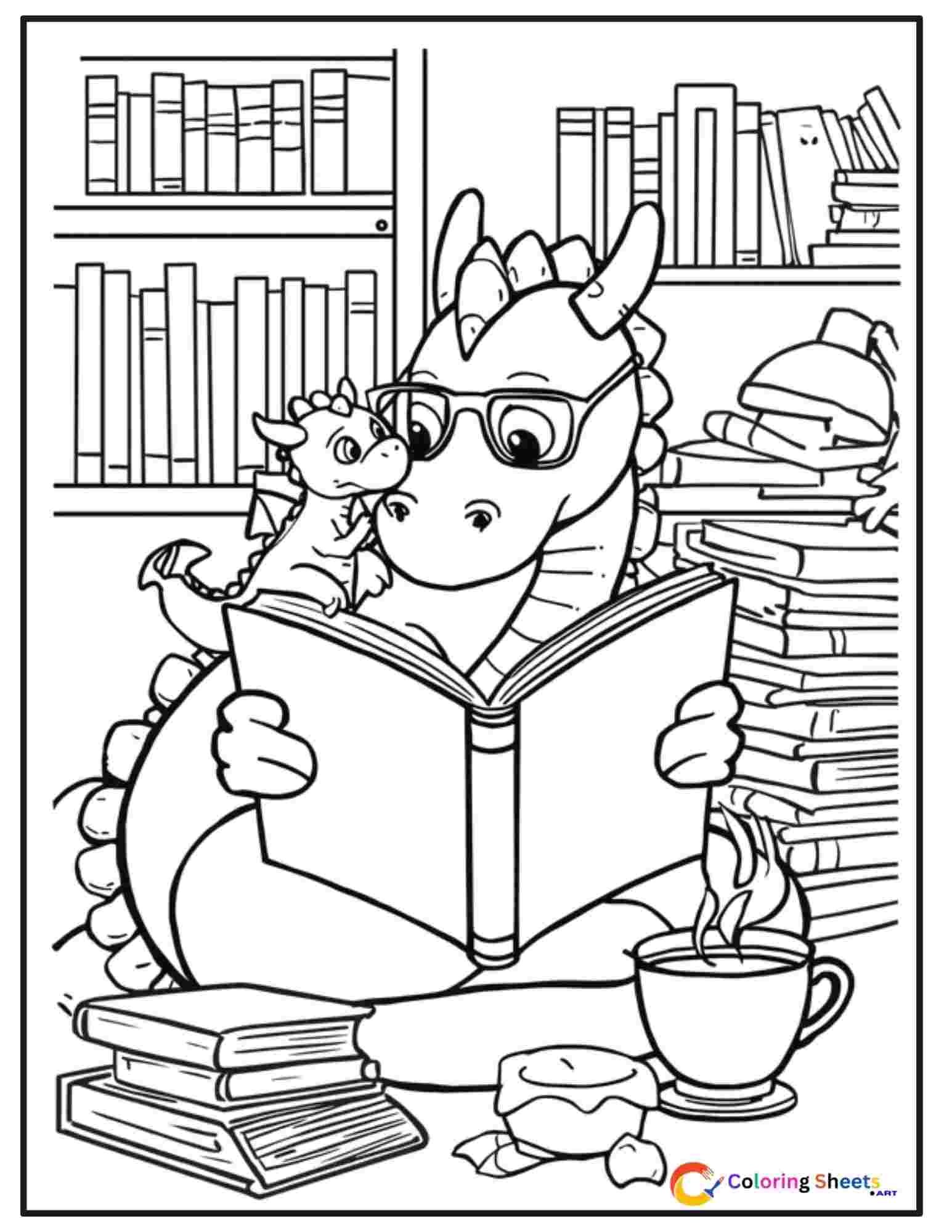 Cozy kids coloring page of a large dragon wearing reading glasses curled up with a storybook while a small baby dragon watches from its back