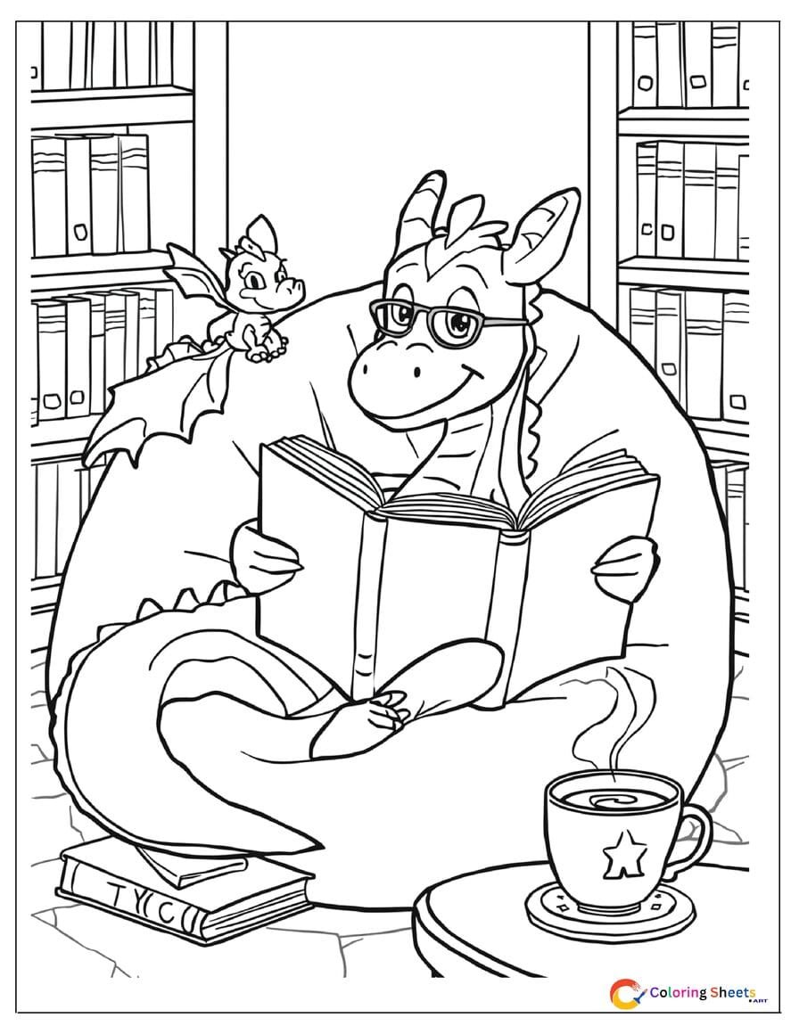 Cozy cartoon dragon reading coloring page curled in a beanbag with a big storybook and reading glasses in a library setting , free printable PDF for kids