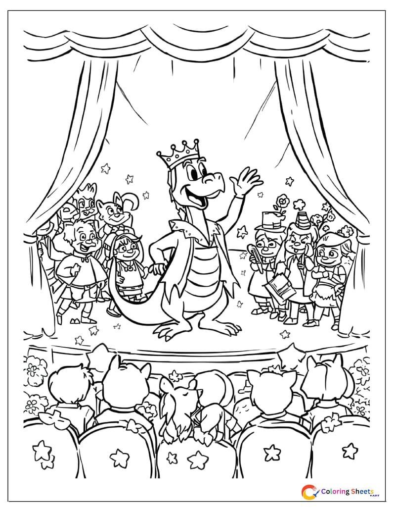Cartoon dragon school play coloring page performing on stage in costume with animal classmates and parent audience in theater seats , free printable PDF