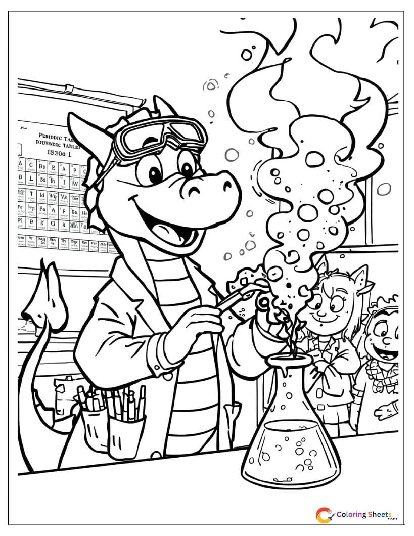 Funny cartoon dragon scientist coloring page causing a colorful explosion in a school lab wearing goggles and lab coat , free printable PDF for kids