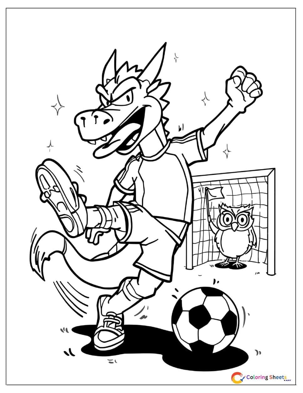 Cartoon dragon soccer player coloring page kicking a ball in jersey and cleats with goal net and referee owl in background , free printable PDF