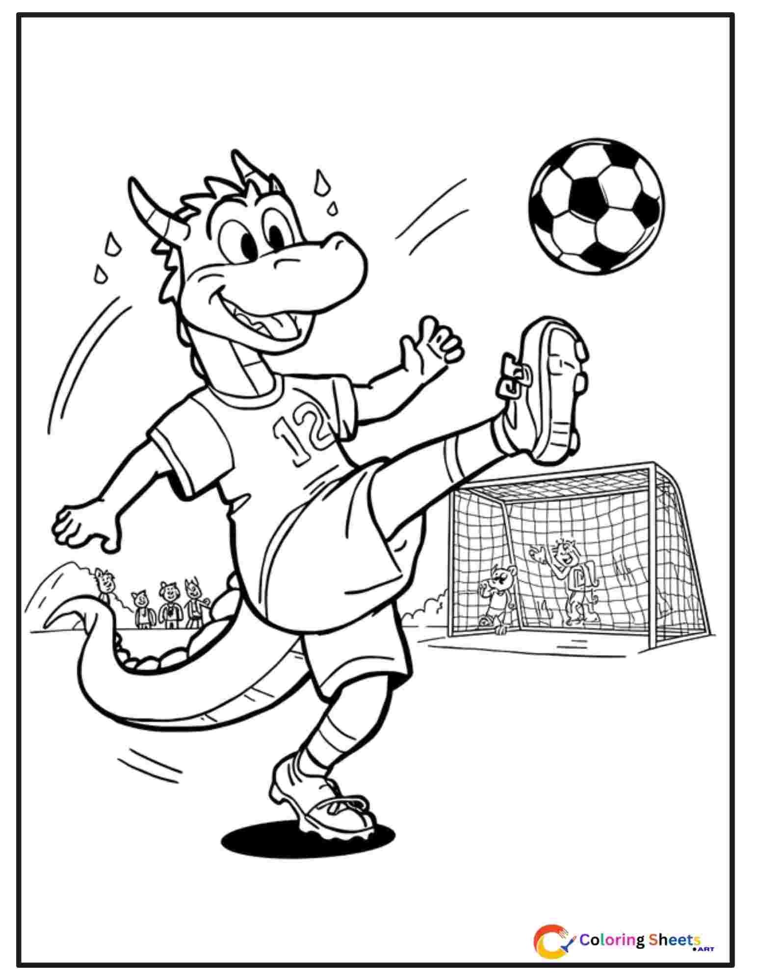 Kids coloring page of a dragon wearing a soccer jersey kicking a ball mid-action with a goal and animal spectators in the background