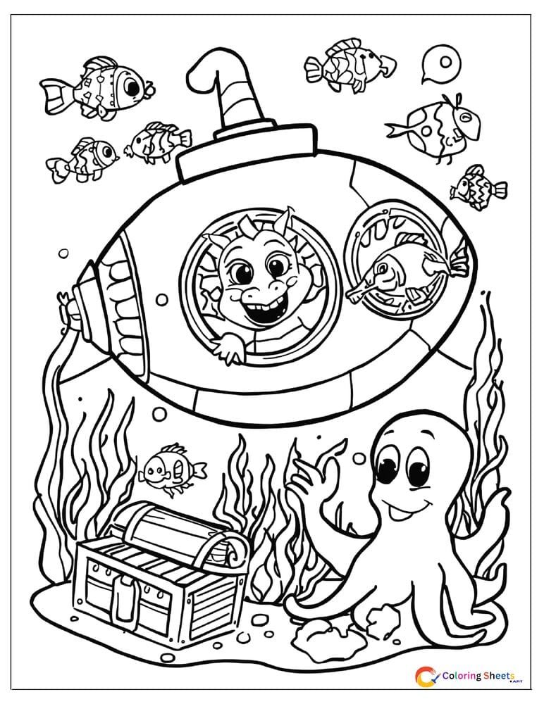 Cartoon dragon submarine coloring page with dragon peeking from porthole surrounded by ocean fish octopus and treasure chest , free printable PDF for kids