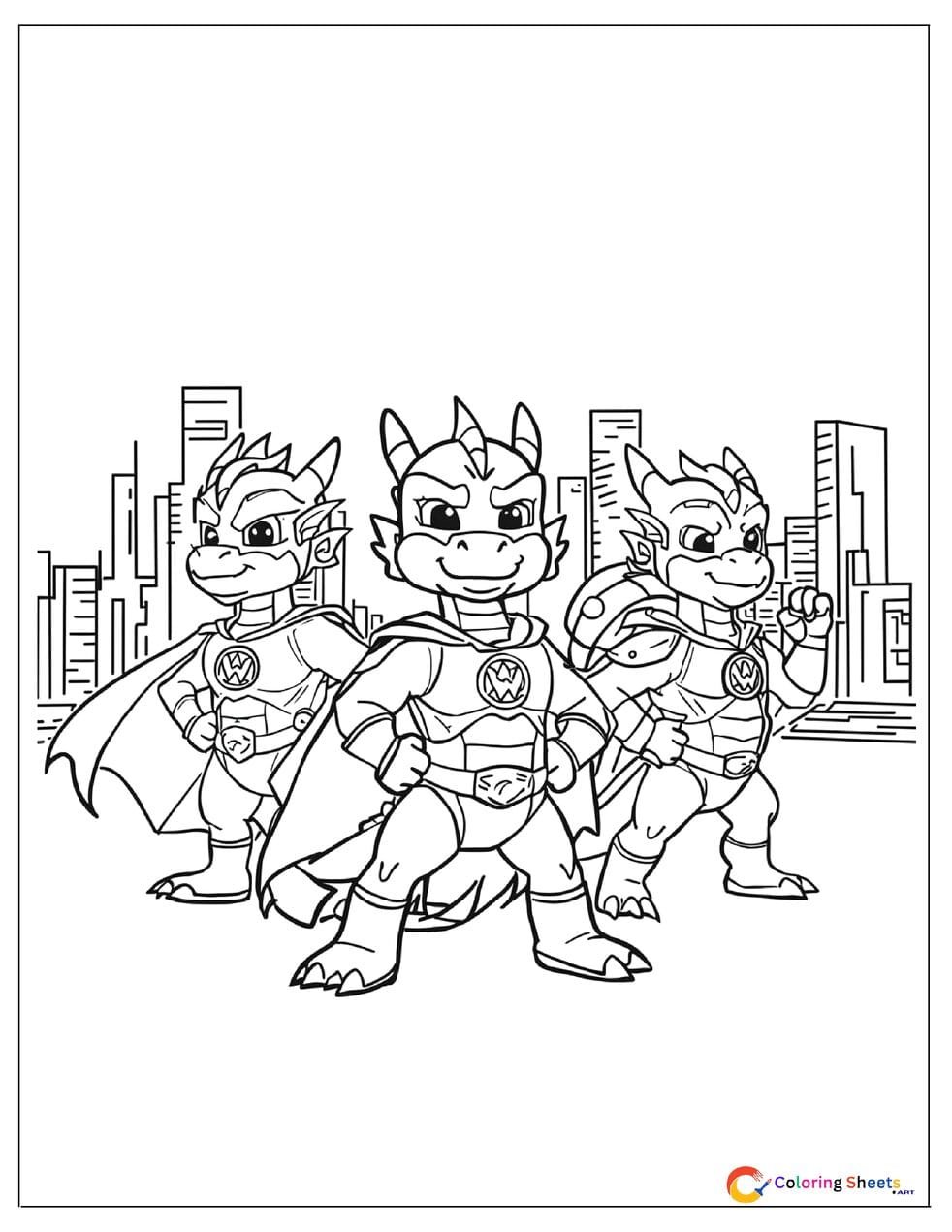 Cartoon dragon superhero squad coloring page with three dragons in different hero costumes posing together in front of a city skyline , free printable PDF