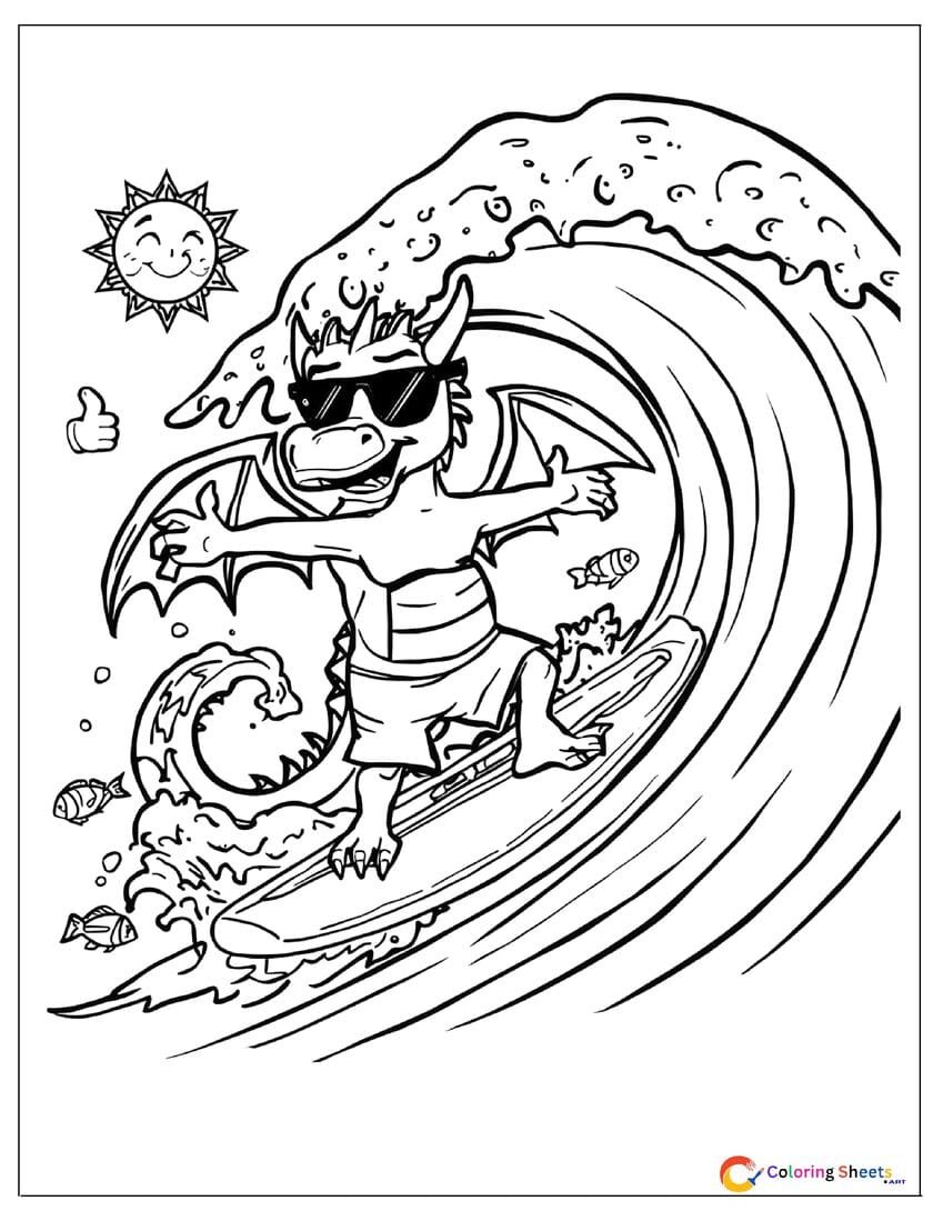 Cool cartoon dragon surfer coloring page riding a big wave on a surfboard wearing sunglasses and board shorts , free printable PDF for kids