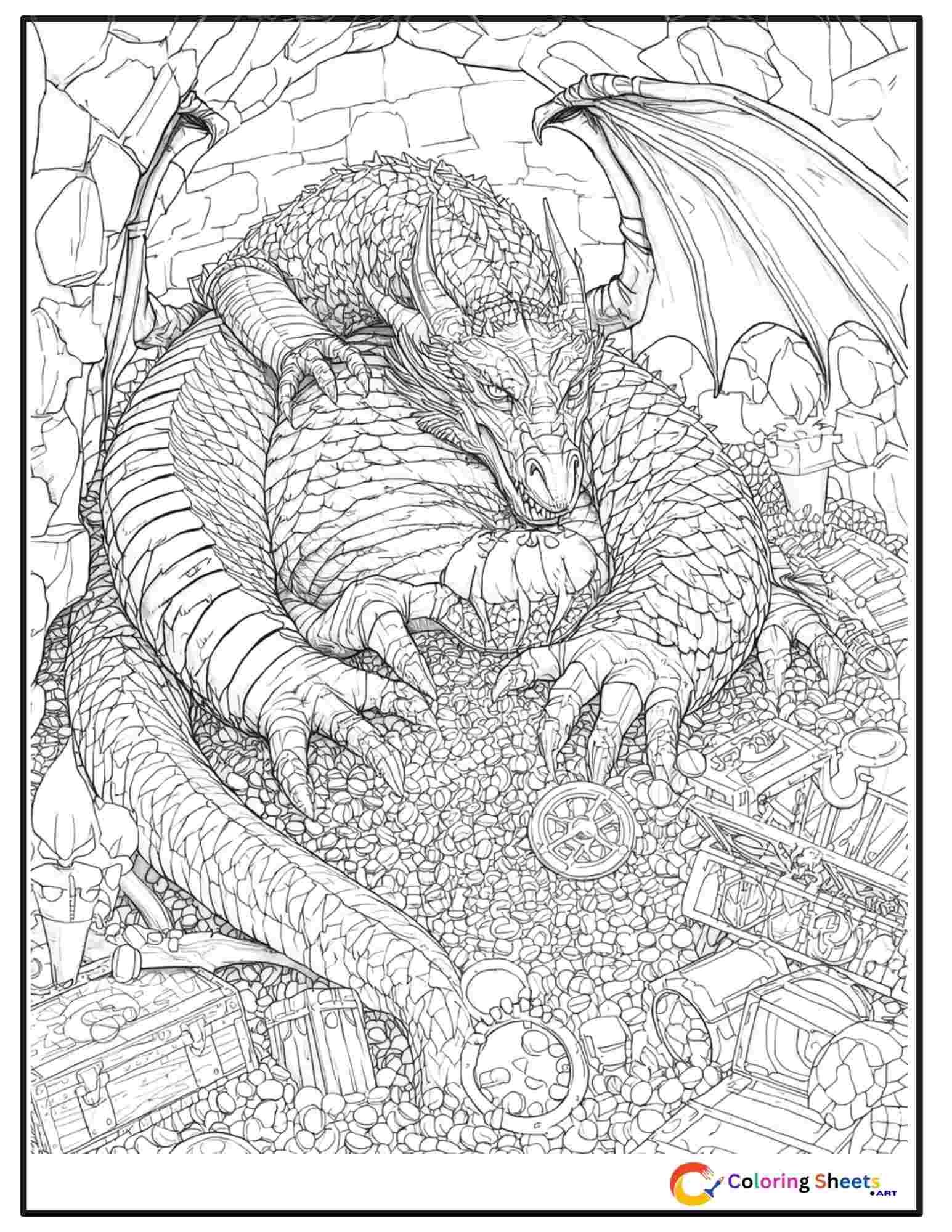 Detailed adult coloring page of a large dragon resting on a treasure hoard of gold coins, jewels, and ancient armor in an underground cavern