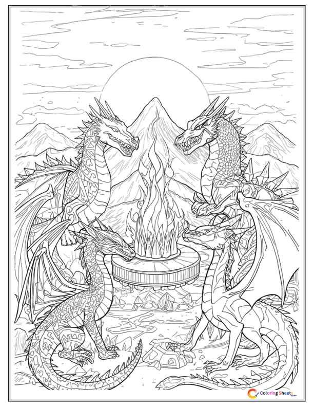 Epic Wings of Fire inspired coloring page of five different dragon tribes gathered peacefully around a stone altar at a mountaintop summit at sunrise