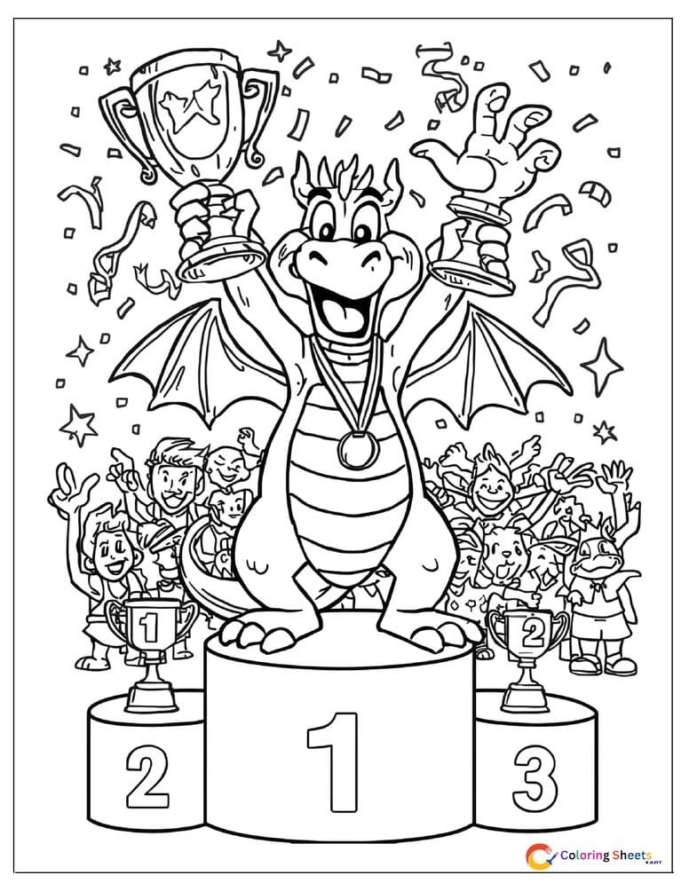 Cartoon dragon champion coloring page standing on winner podium holding a large trophy with confetti and cheering animal crowd , free printable PDF