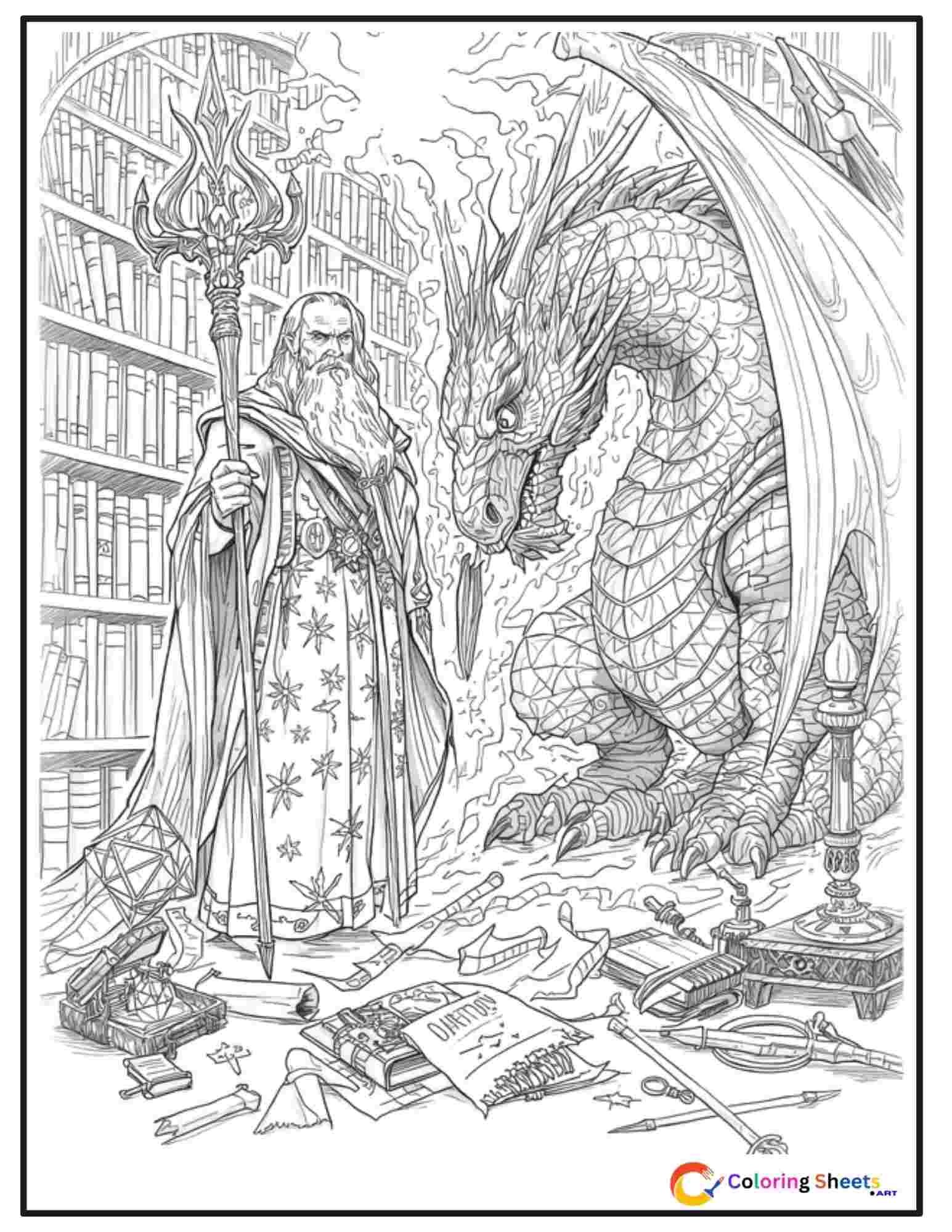 Adult fantasy coloring page of an ancient wizard with a staff standing beside a large dragon bowing its head with magical energy swirling between them