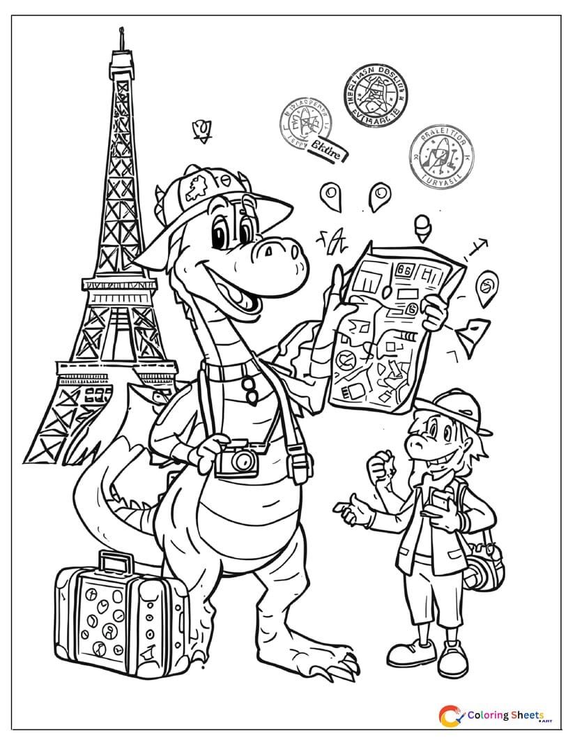 Cartoon dragon tourist coloring page with travel hat camera and sticker suitcase standing at a world landmark with a tour guide , free printable PDF