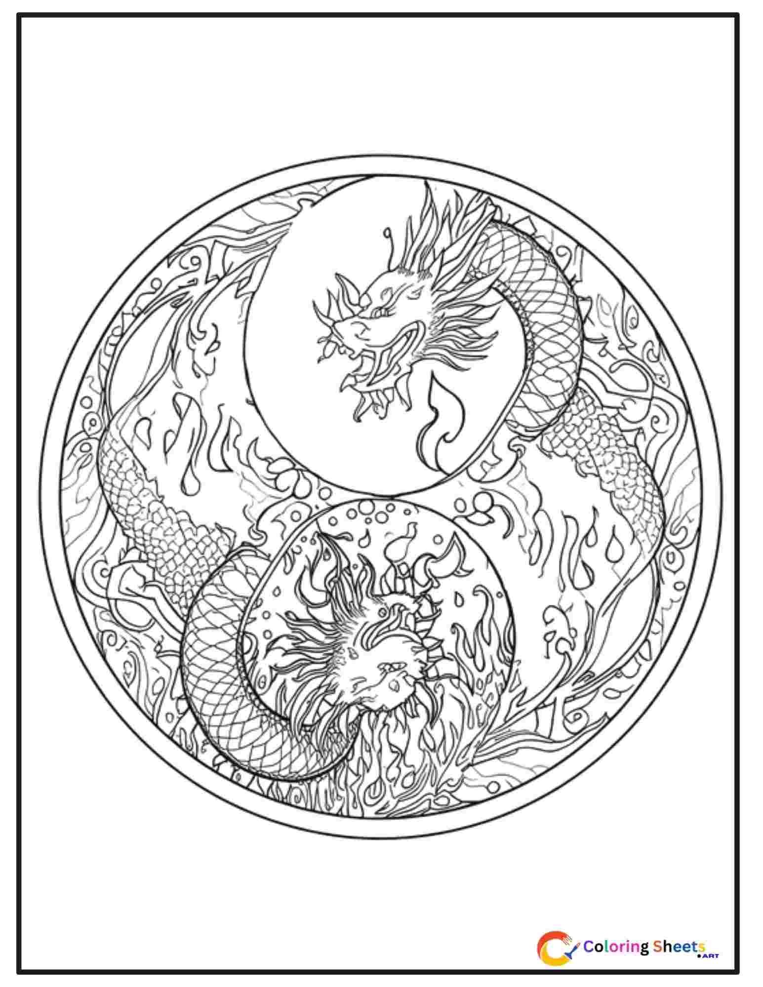 Yin-yang dragon mandala coloring page with fire dragon and water dragon intertwined in perfect symmetry with expanding mandala rings
