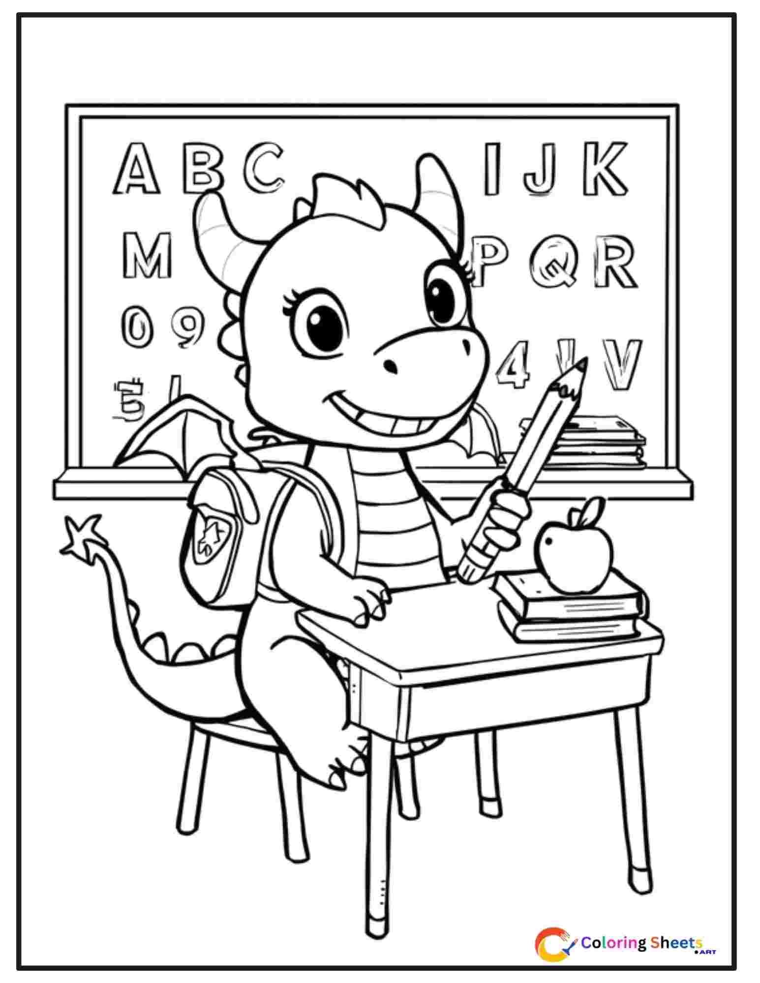 Kids coloring page of a cute dragon in a small school desk wearing a backpack and holding a pencil with ABC letters on a blackboard behind