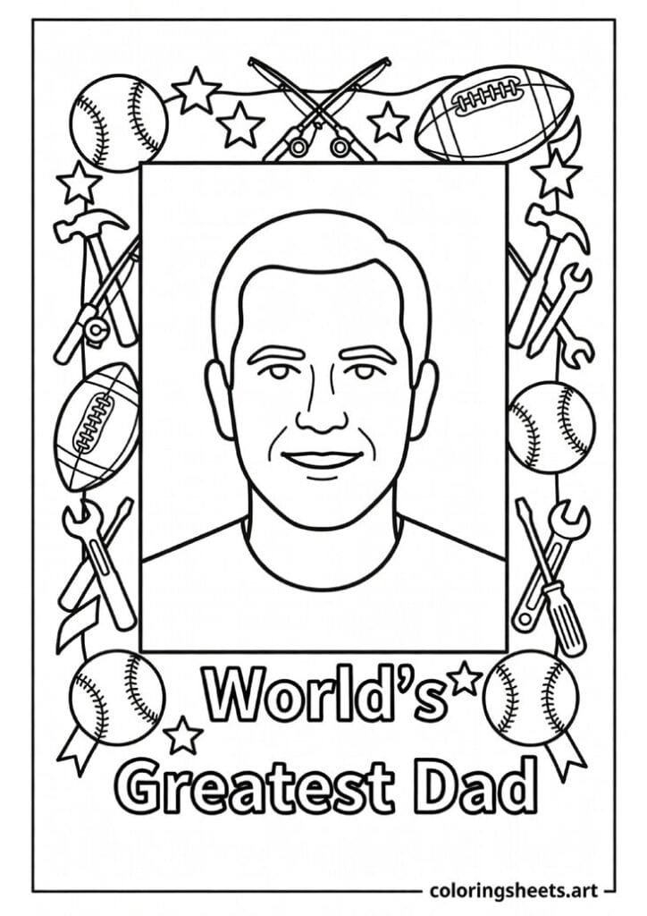 Decorative portrait frame with sports equipment tools stars and World's Greatest Dad text for kids to draw their dad Fathers Day coloring page — free printable PDF