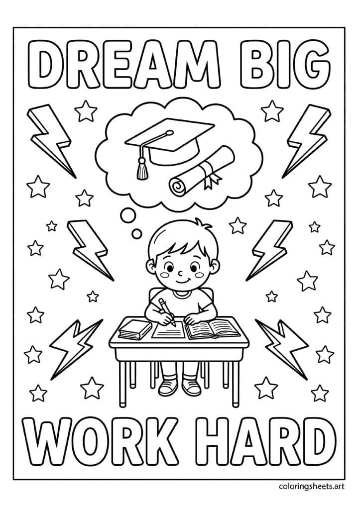 Dream Big Work Hard motivational back to school coloring page with child studying thought bubble showing graduation cap diploma and stars — free printable PDF
