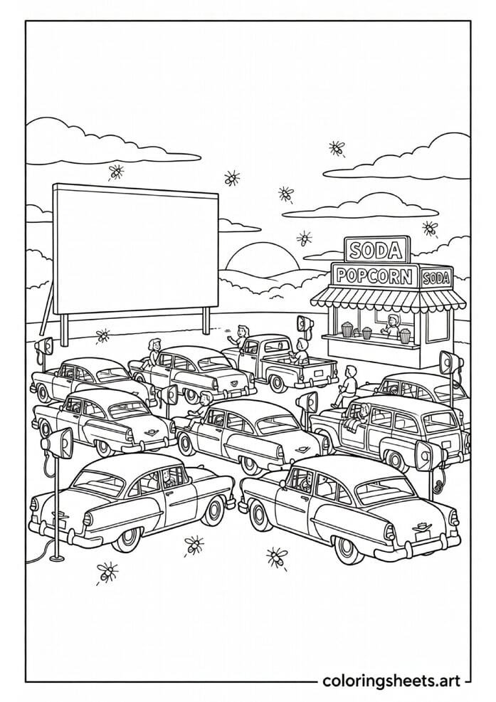 Classic American drive-in movie theater with families on car hoods concession stand speaker poles and fireflies at sunset summer coloring page — free printable PDF