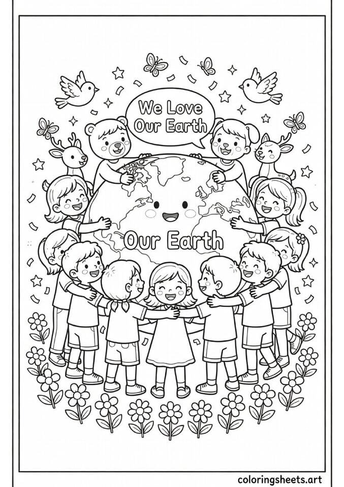 Children and animals giving Earth globe a big group hug with We Love Our Earth speech bubble and flowers Earth Day coloring page — free printable PDF
