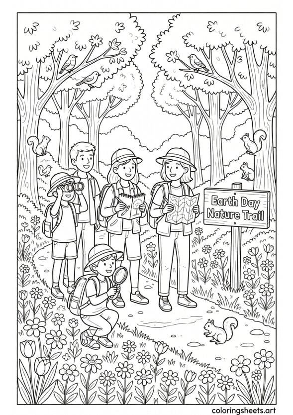 Family on Earth Day nature walk with binoculars nature journal birds and wildflowers along Earth Day Nature Trail coloring page — free printable PDF