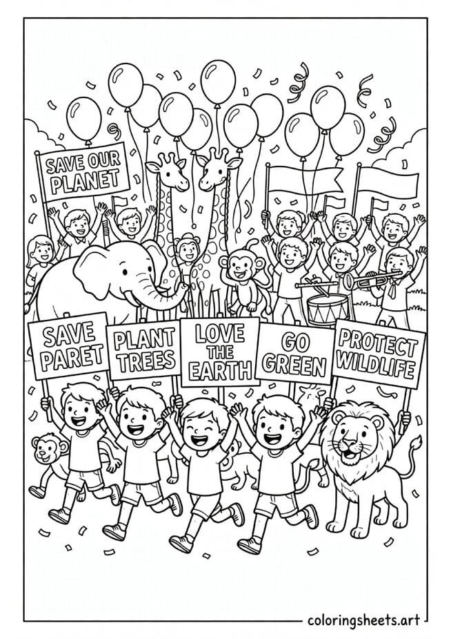 Earth Day parade with children carrying Save Our Planet signs animals marching and confetti coloring page for kids — free printable PDF