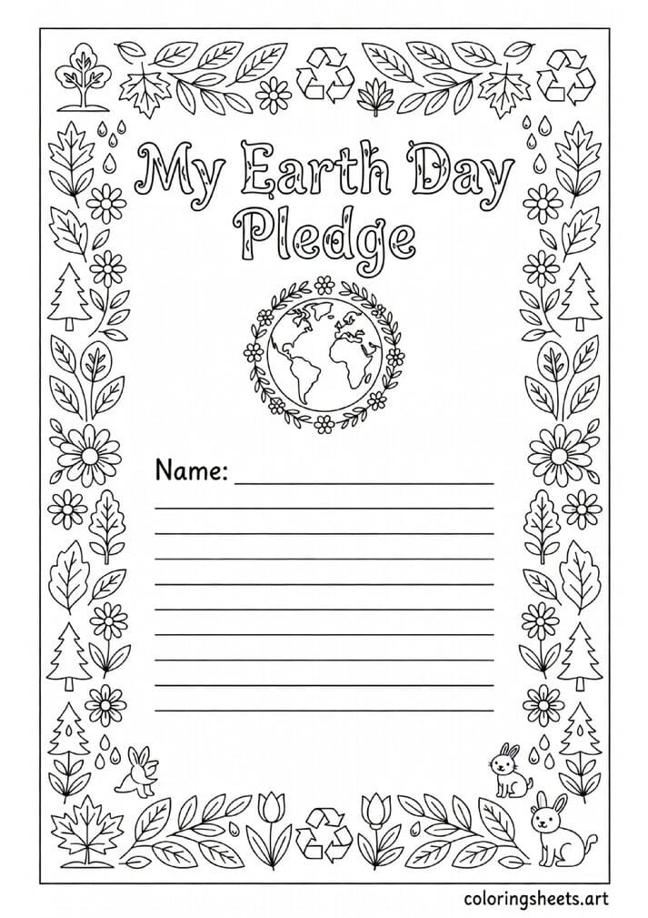 Earth Day pledge certificate coloring page with decorative leaf and flower border Earth globe and writing lines for kids — free printable PDF
