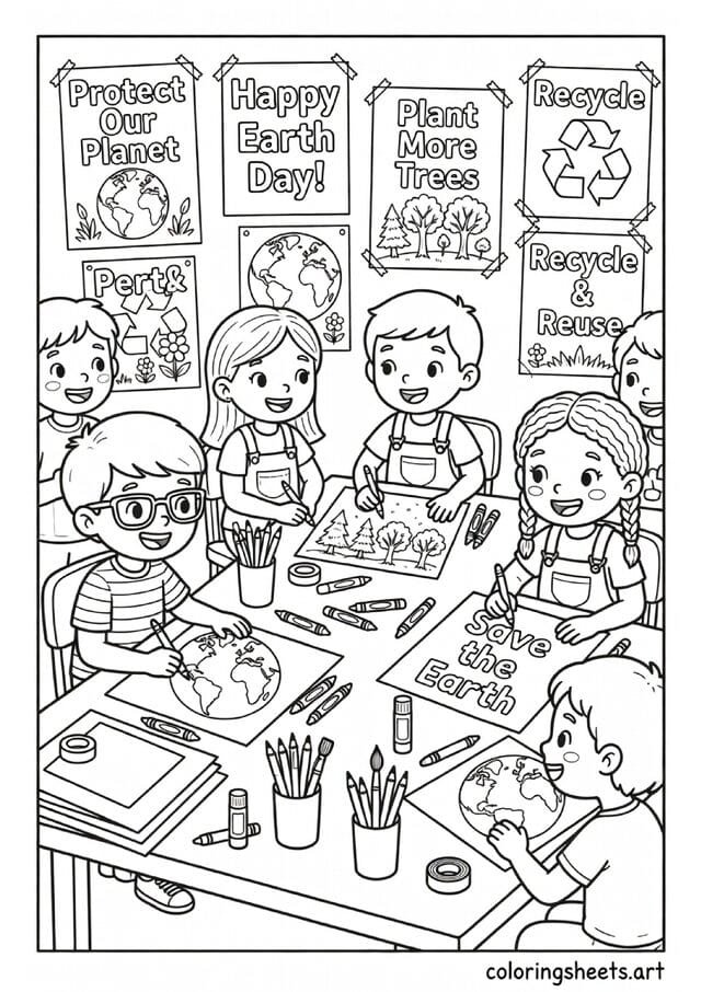 Children making Earth Day posters at a table with art supplies and Save the Earth messages on the wall coloring page — free printable PDF