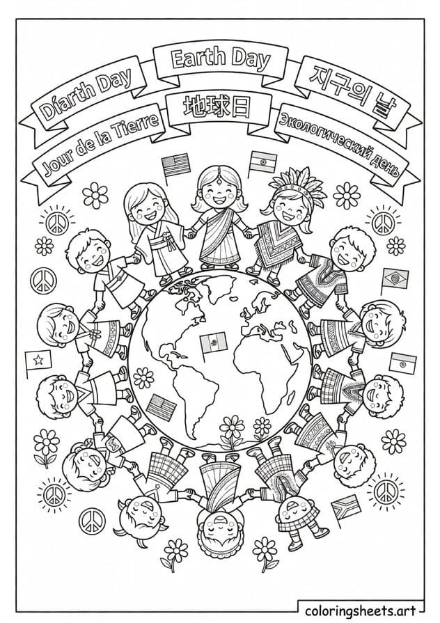 Children from different countries holding hands around Earth globe in cultural outfits Earth Day unity coloring page for kids — free printable PDF