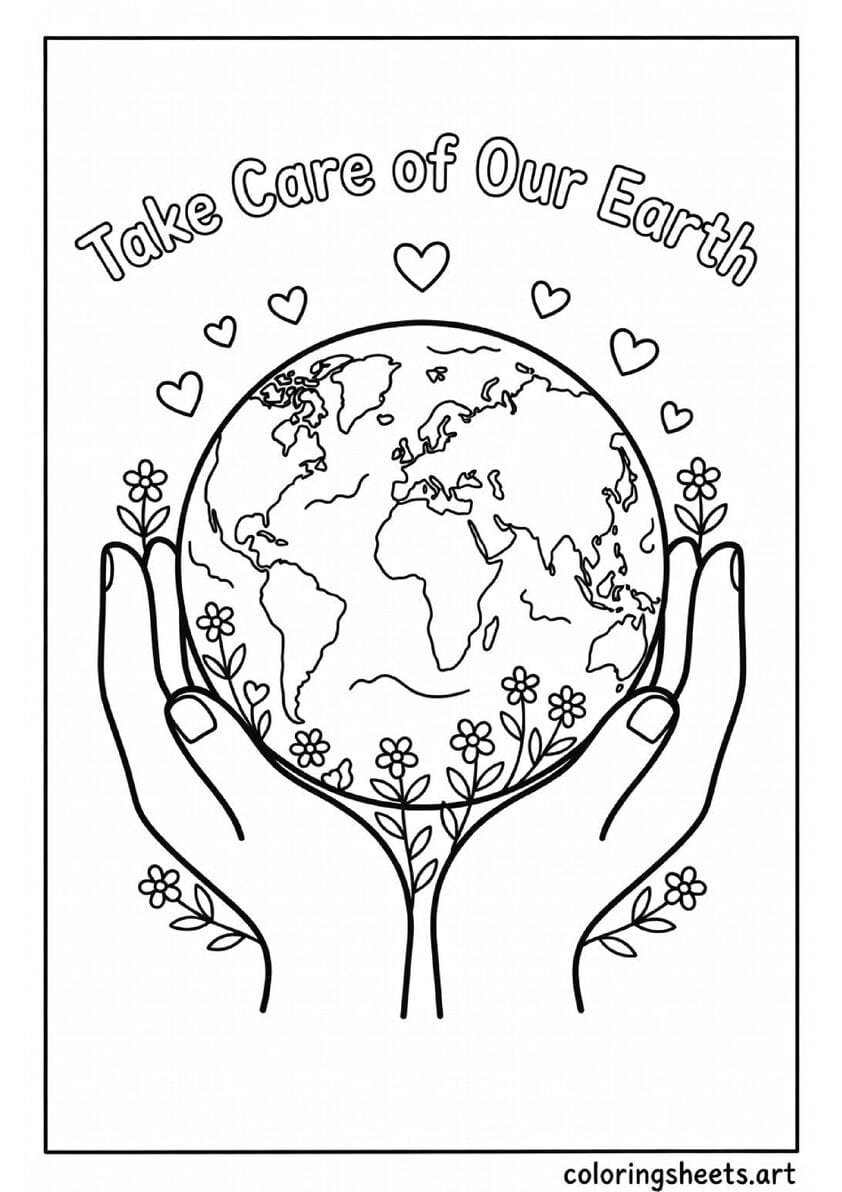 Two hands gently holding the Earth globe with flowers and hearts Earth Day coloring page for kids — free printable PDF