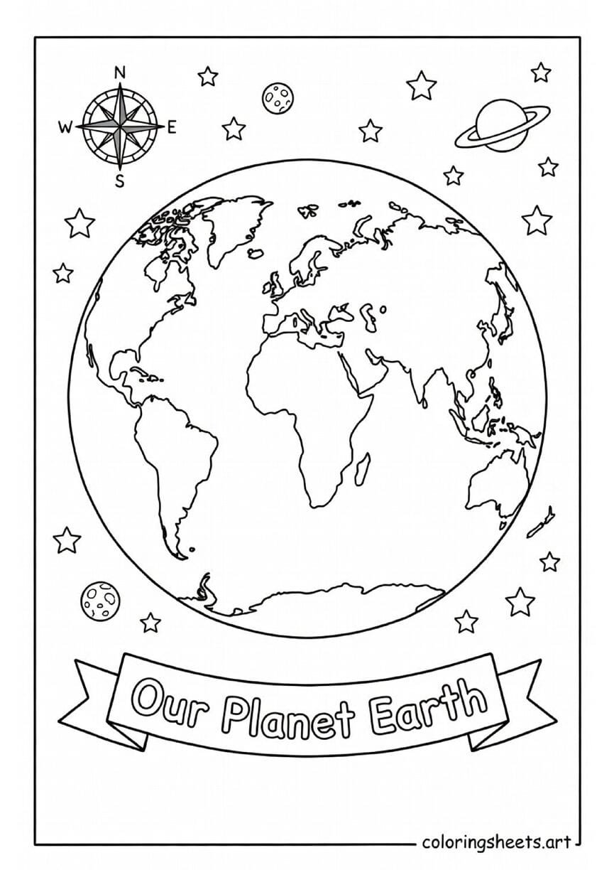 Educational Earth globe showing all seven continents map coloring page with compass rose for kids — free printable PDF