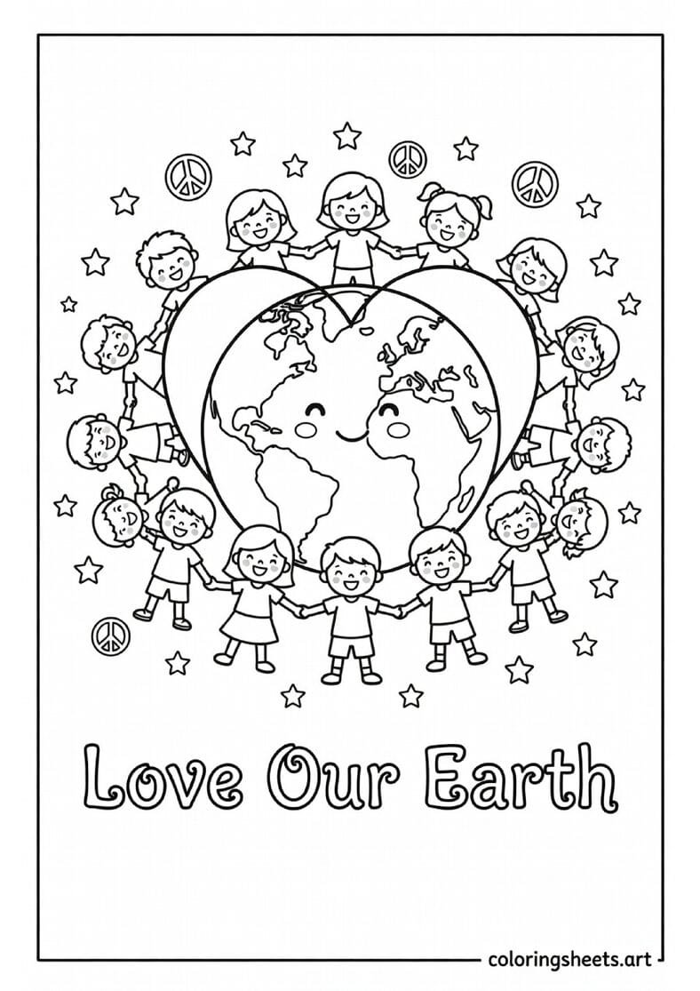 Earth globe surrounded by heart with children holding hands and Love Our Earth text Earth Day coloring page for kids — free printable PDF