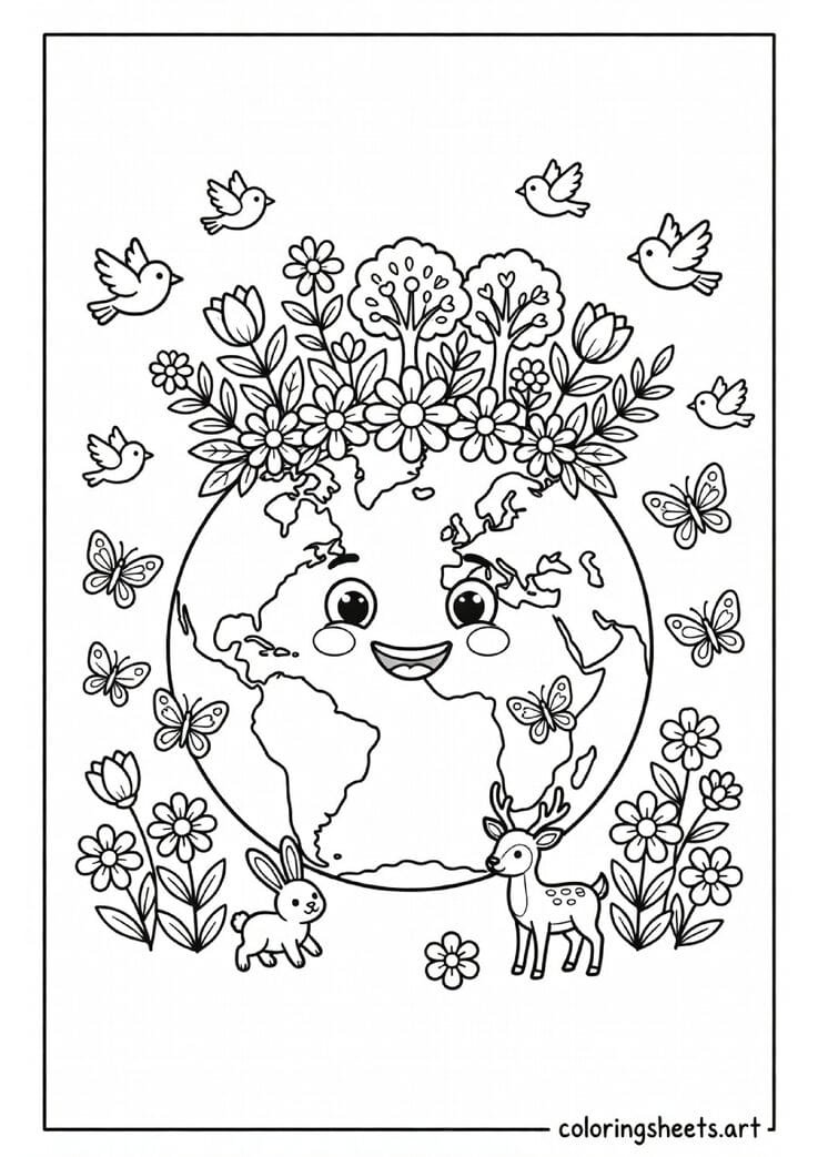 Cute Earth globe wearing a flower and leaf nature crown with animals and birds Earth Day coloring page for kids — free printable PDF