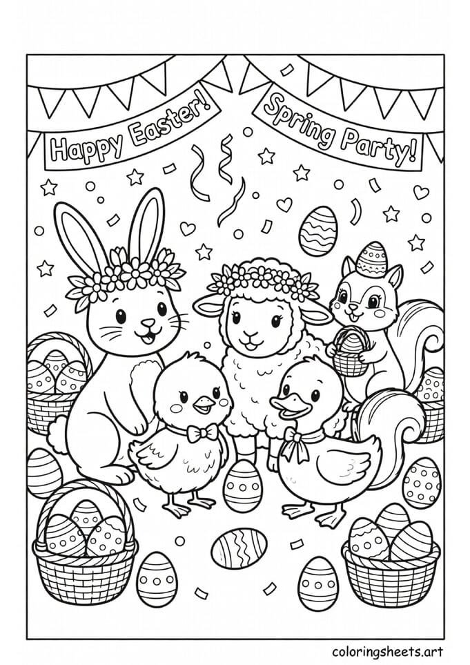 Easter animal friends party coloring page with bunny chick lamb duck and squirrel celebrating with eggs baskets and flower crowns — free printable PDF