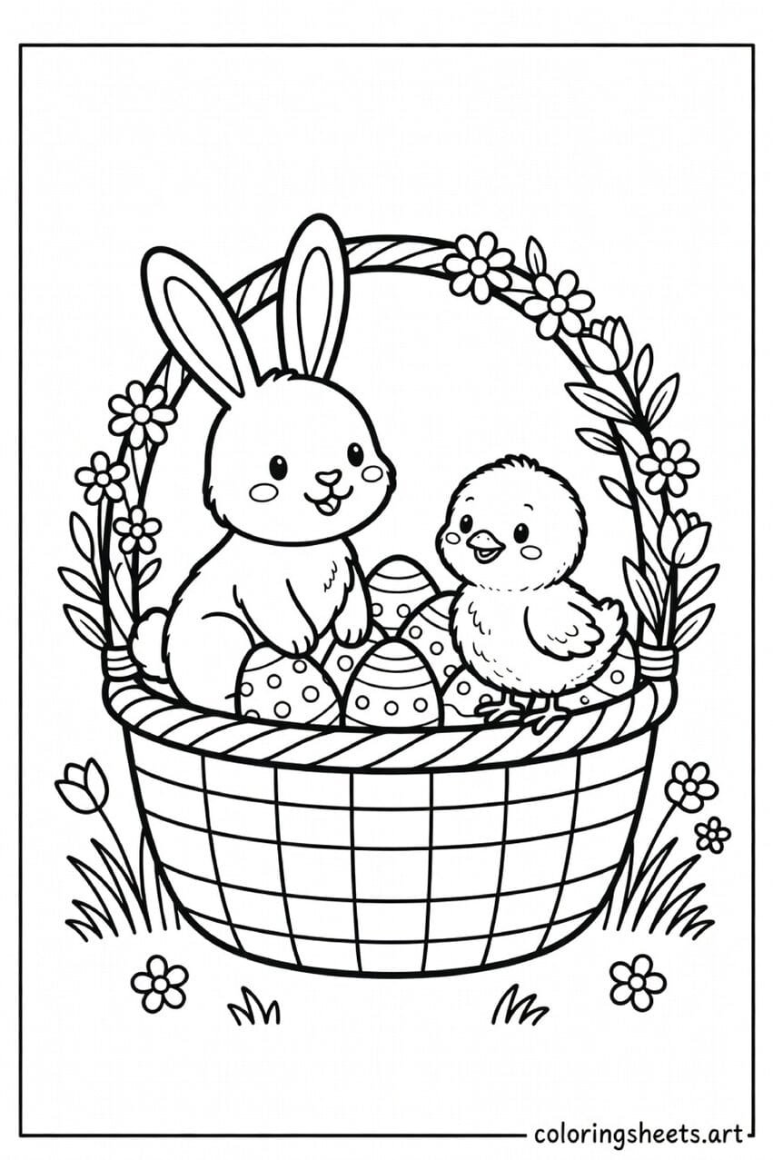 Easter basket with bunny on one side and baby chick on the other side filled with decorated eggs and spring flowers coloring page — free printable PDF