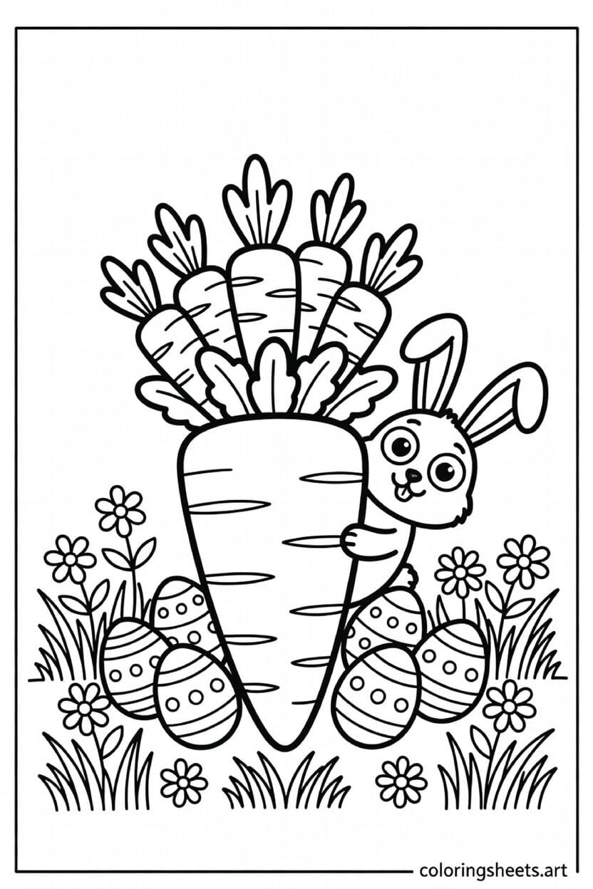 Funny Easter carrot basket coloring page with a silly bunny peeking from behind and spring daisies — free printable PDF for kids