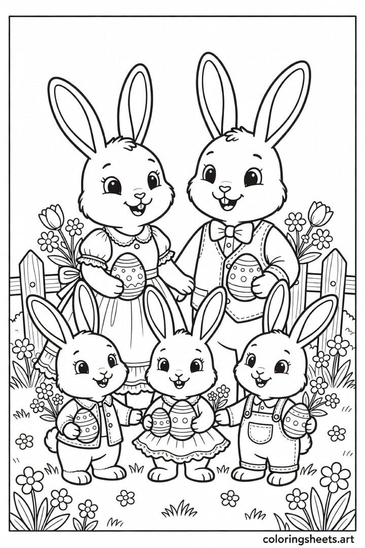 Easter bunny family portrait coloring page with mama papa and baby bunnies in Easter outfits holding eggs in a spring garden — free printable PDF