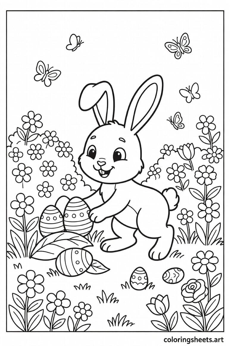 Easter bunny sneaking through garden hiding decorated eggs behind flowers coloring page for kids — free printable PDF