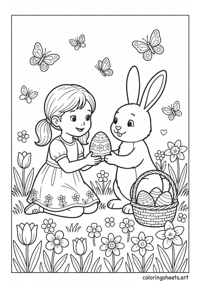 Little girl in spring dress meeting Easter bunny face to face receiving a decorated egg gift with flowers and butterflies coloring page — free printable PDF