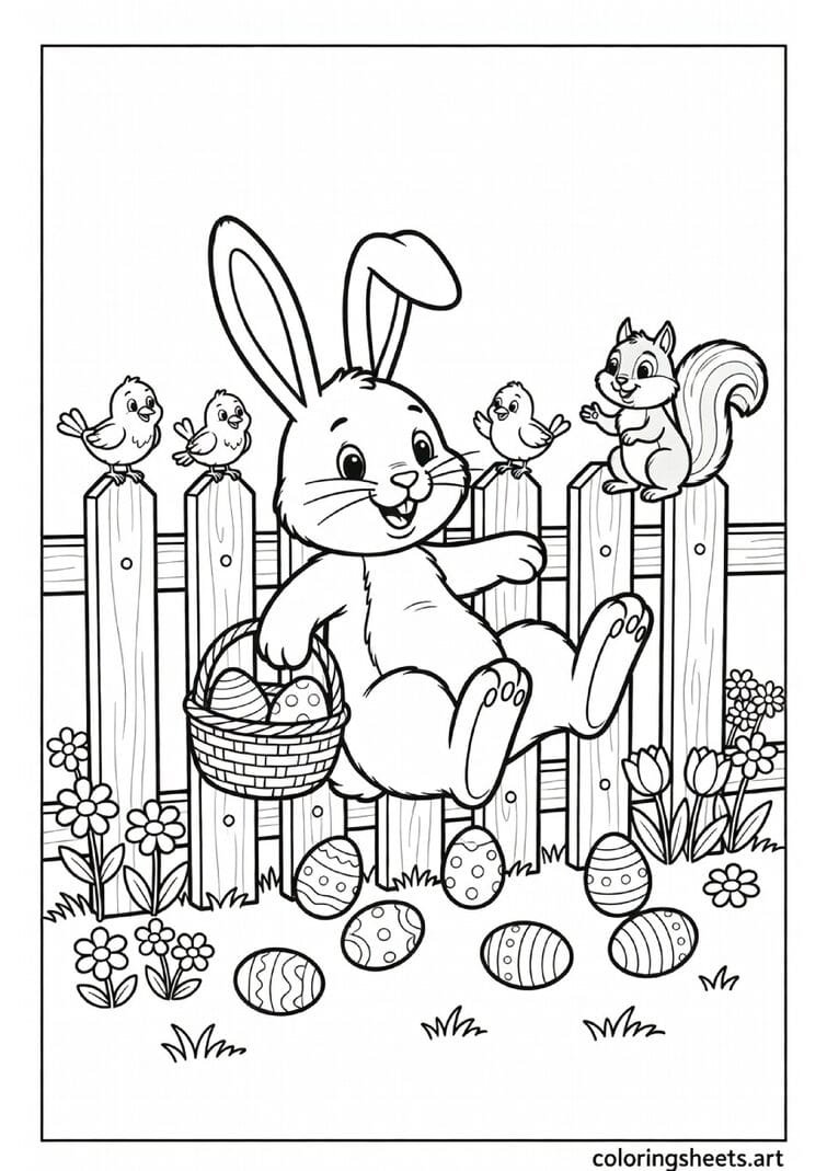 Funny cartoon Easter bunny stuck halfway through a garden fence with basket and scattered eggs and amused animals watching — free printable PDF