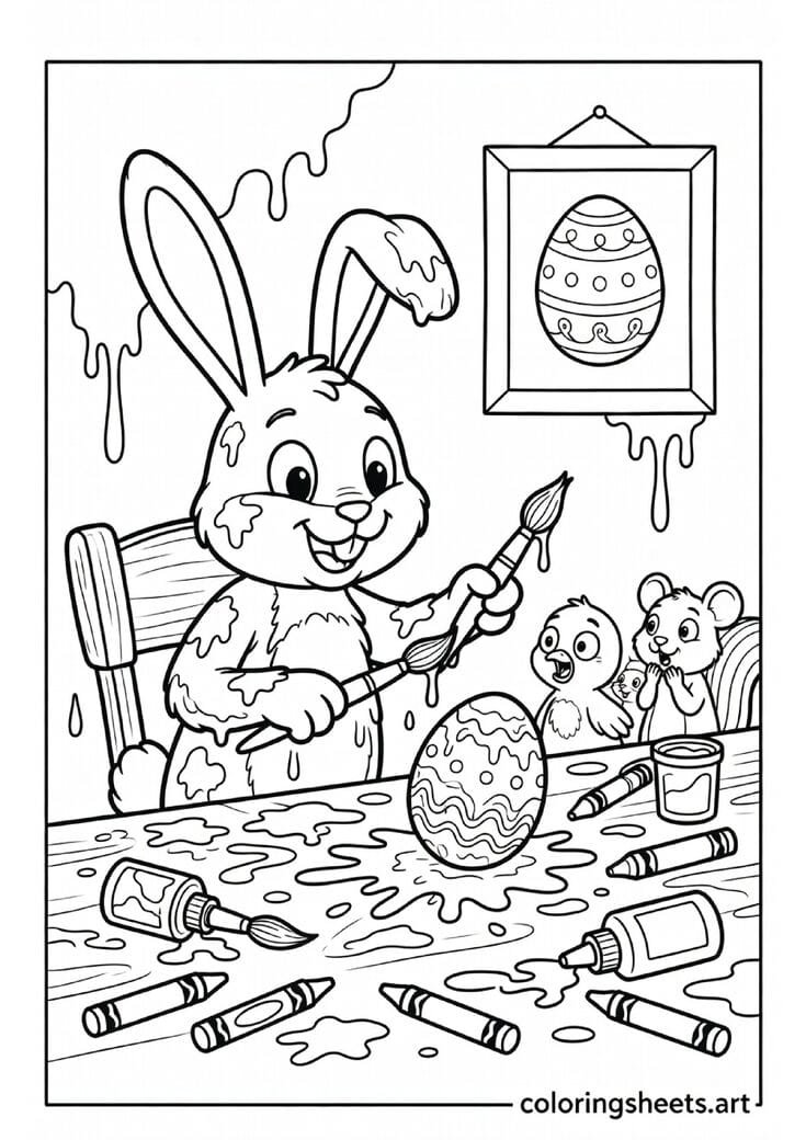 Funny Easter bunny covered in paint with a badly decorated egg and shocked animals watching coloring page — free printable PDF