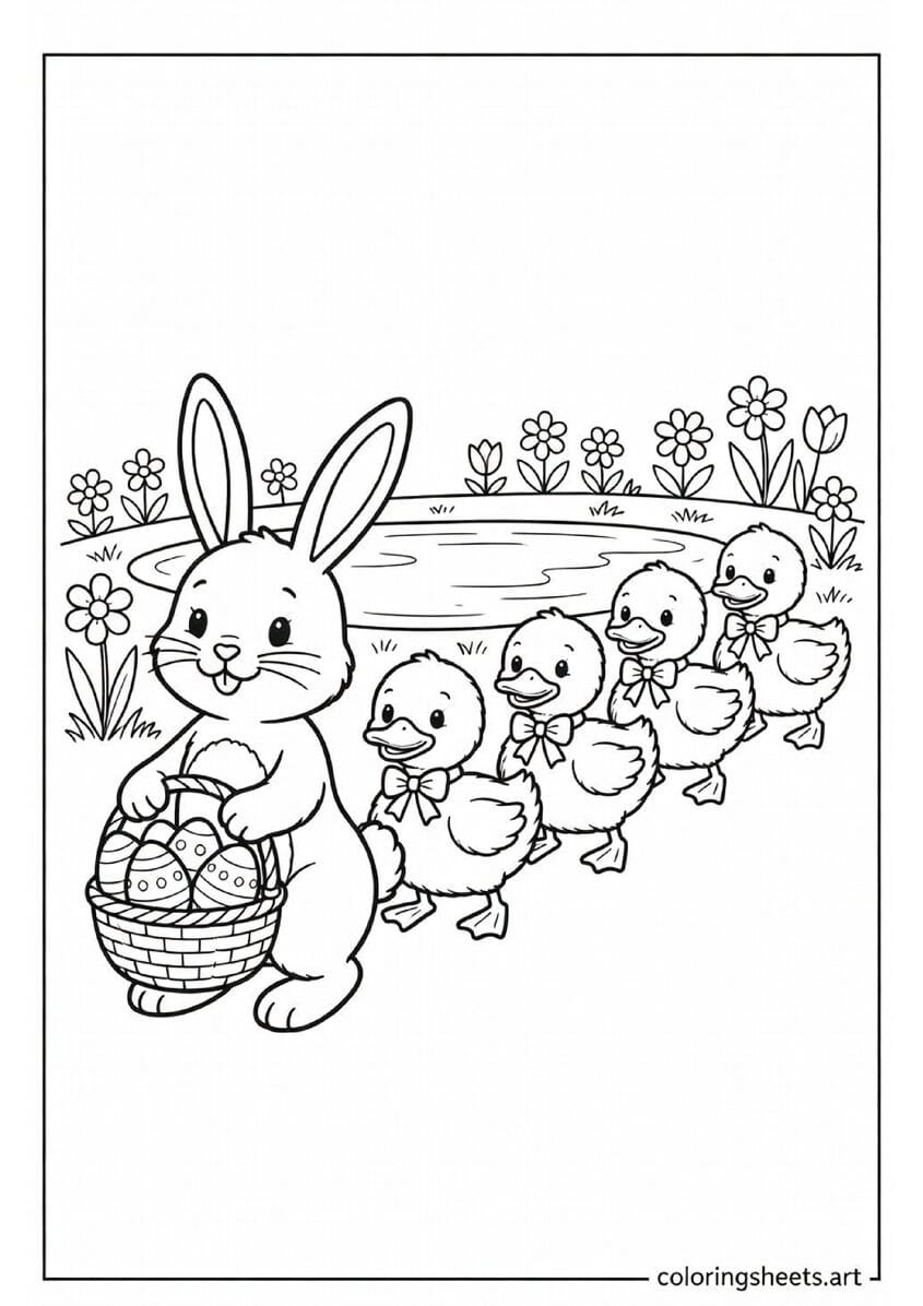 Easter bunny leading a line of five baby ducks wearing Easter bows along a spring pond path coloring page for kids — free printable PDF